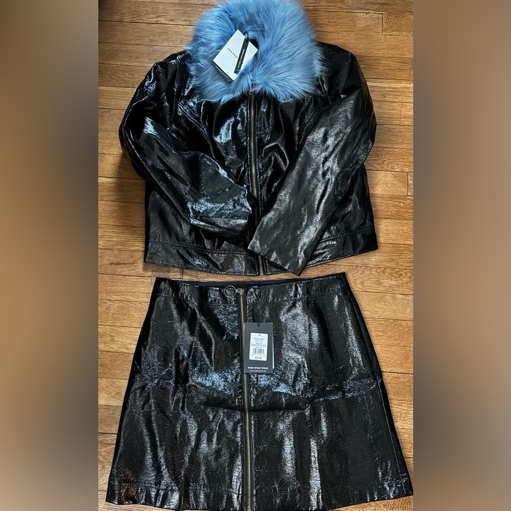 NWT 1X Target Who What Wear Set Black Crinkle Patent Mini and Matching Jacket
